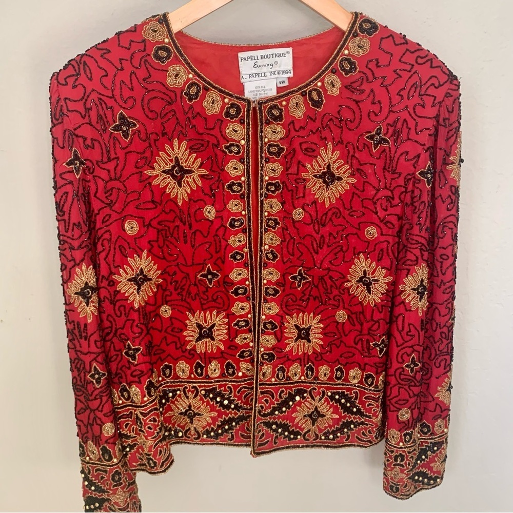 Adrianna Papell Boutique Evening Jacket Vintage 90’s Silk Beaded Red Gold 12 - Picture 15 of 16